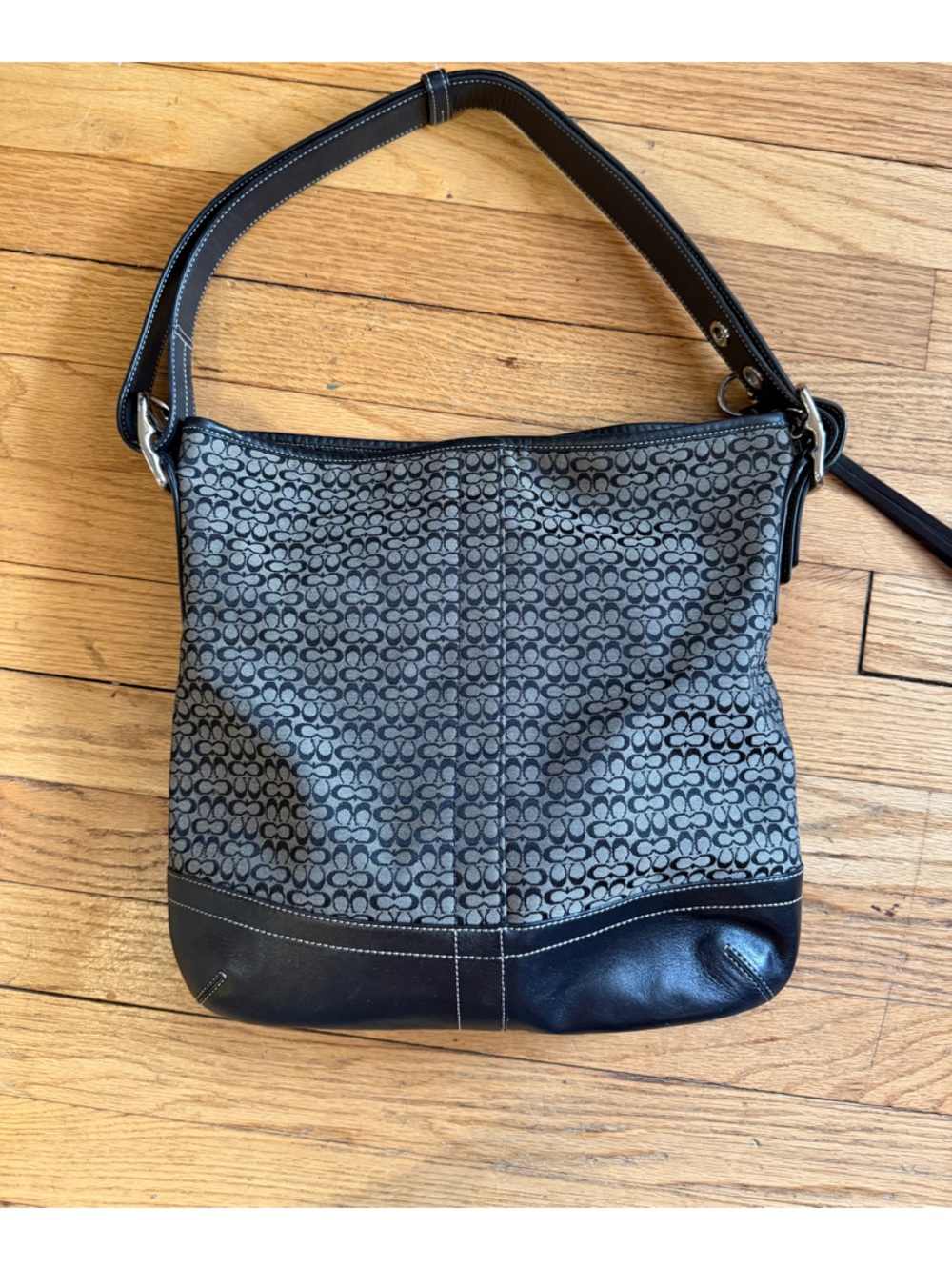 Coach Logo Jacguard Black Leather Trim Shoulder Bag F10417